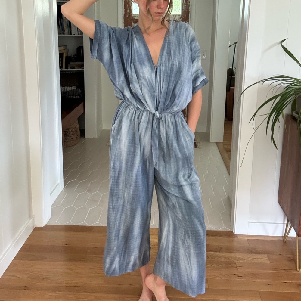 Dress Forum Blue Satin Jumpsuit with Wrap V-Neck